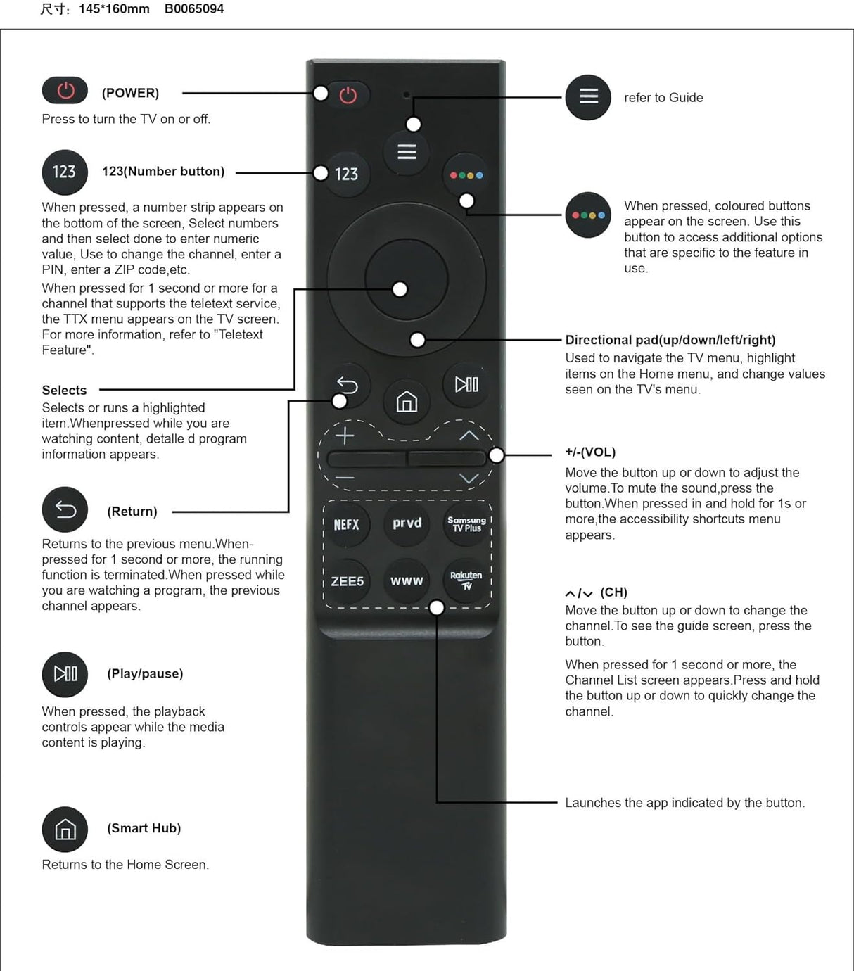 Universal Remote Control for Samsung Smart TV(LCD LED UHD QHD QLED TVS), with Netflix, Prime Video, ZEE5, WWW, Samsung TV Plus, Rakuten TV Buttons.