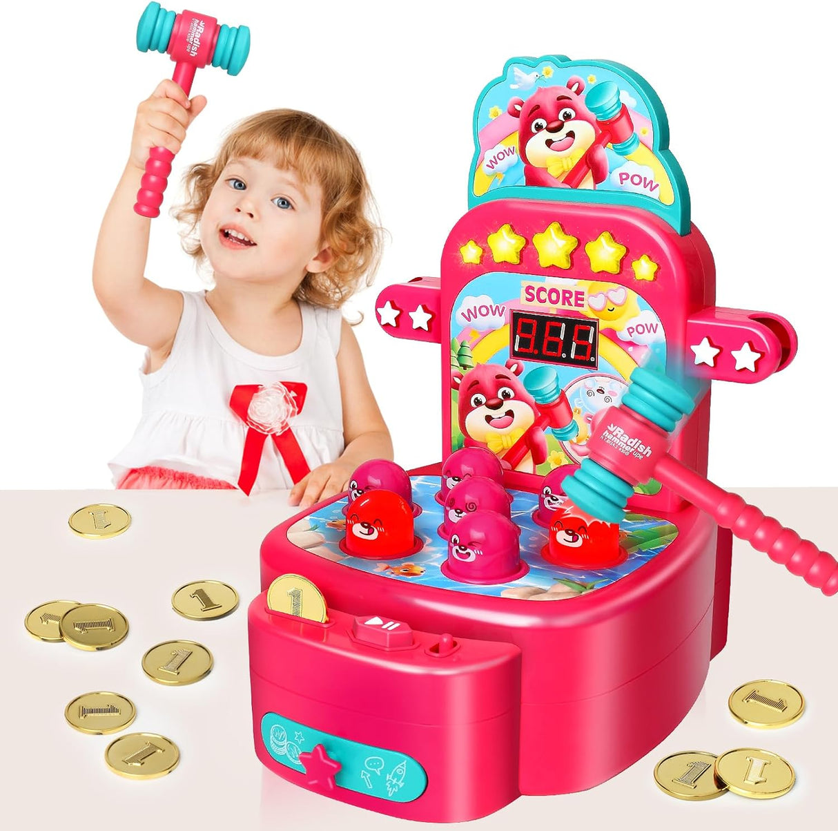 Yerloa Whack Game Mole for Toddlers, Mini Arcade Game for 3 4 5 6 7 8 Years Old Girls, Interactive Educational Pounding Bench Coin Toy with 2 Hammers Sound & Light Gift for 3-8 Years Old Boys Kids.