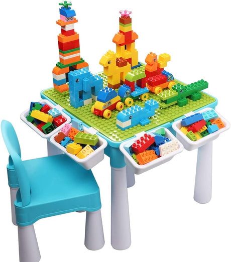 burgkidz Kids 5-in-1 Multi Activity Table Set - 128 Pieces Compatible Bricks Toy Includes 1 Chair and Large Building Block Table with Storage, Green Baseplate Board (Blue).