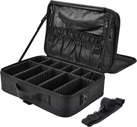 Extra Large Travel Makeup Bag Cosmetic Case Vanity Organiser Beauty Train Case with Shoulder Strap and Dividers Compartment, Black.