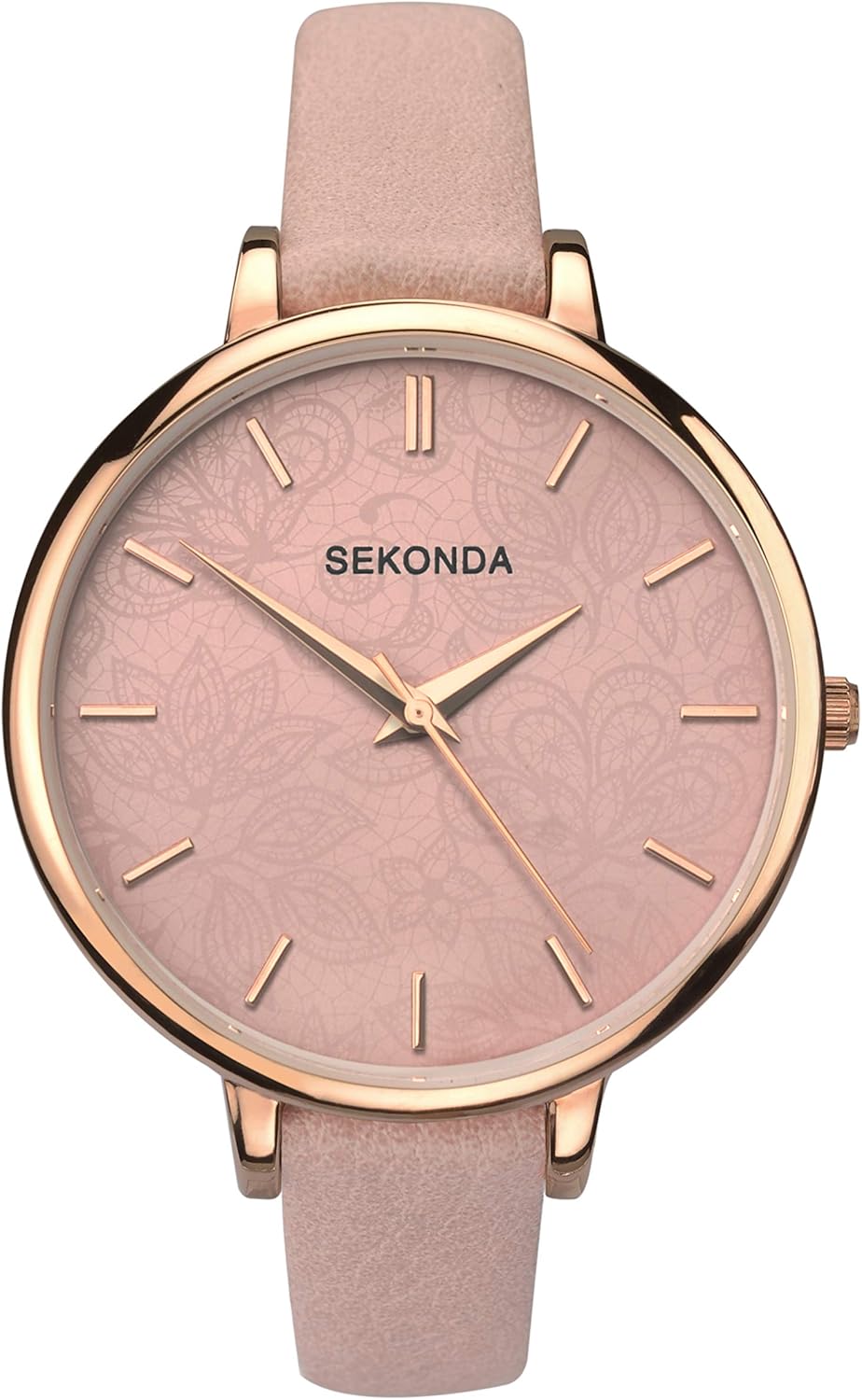 Sekonda Women's 40mm Analogue Rose Gold 3 Hand Quartz Watch with Patterned Pink Dial and Dusty Pink Strap with Rose Gold Buckle and Mineral Glass.