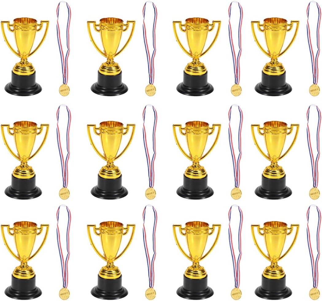 TOYANDONA 24Pcs Plastic Trophy & Medals Awards Winner Set, Winner Award Trophies Mini Plastic Trophy Cups For Party Favors Props, Winning Prizes Competitions Medals With Neck Ribbons for Kids Adults.