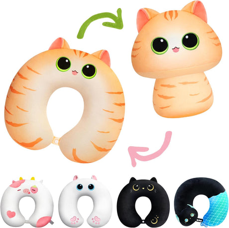 Mewaii Kids Travel Pillow, Cute Cat Stuffed Animal Plush, Cartoon Neck Pillow for Kids & Adults, Reversible Plush Squishy 2-in-1 Plush Toys for Airplane, Car, Train (13 Inches).