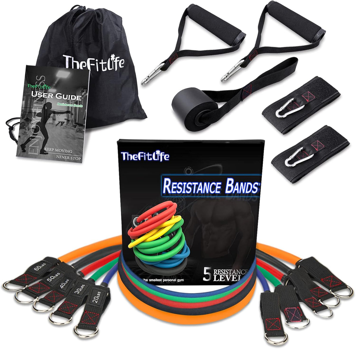 TheFitLife Exercise Resistance Bands with Handles - 5 Fitness Workout Bands Stackable up to 110/150/200/250/300 lbs, Training Tubes with Large Handles, Ankle Straps, Door Anchor, Carry Bag.