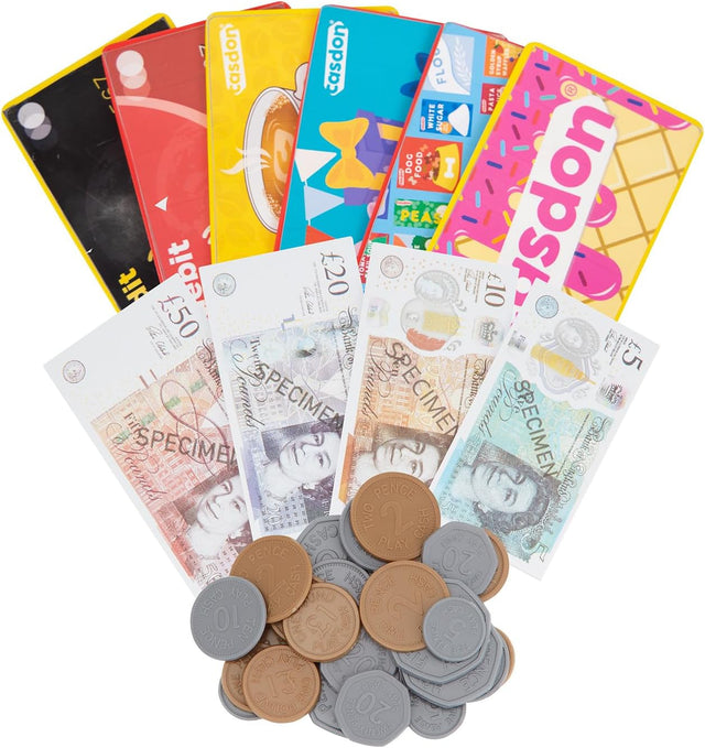 Casdon Play Money & Pretend Play Cards Set (£) | Complete Financial Toy Kit | Includes 80 Play Notes and 40 Coins | Perfect for Kids 3+!.