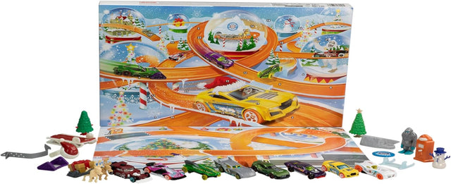 Hot Wheels Toy Cars, 2024 Advent Calendar, 8 Hot Wheels 1:64 Scale Cars, 16 Winter-Themed Accessories behind 24 Numbered Doors & a Playmat, HTG00.