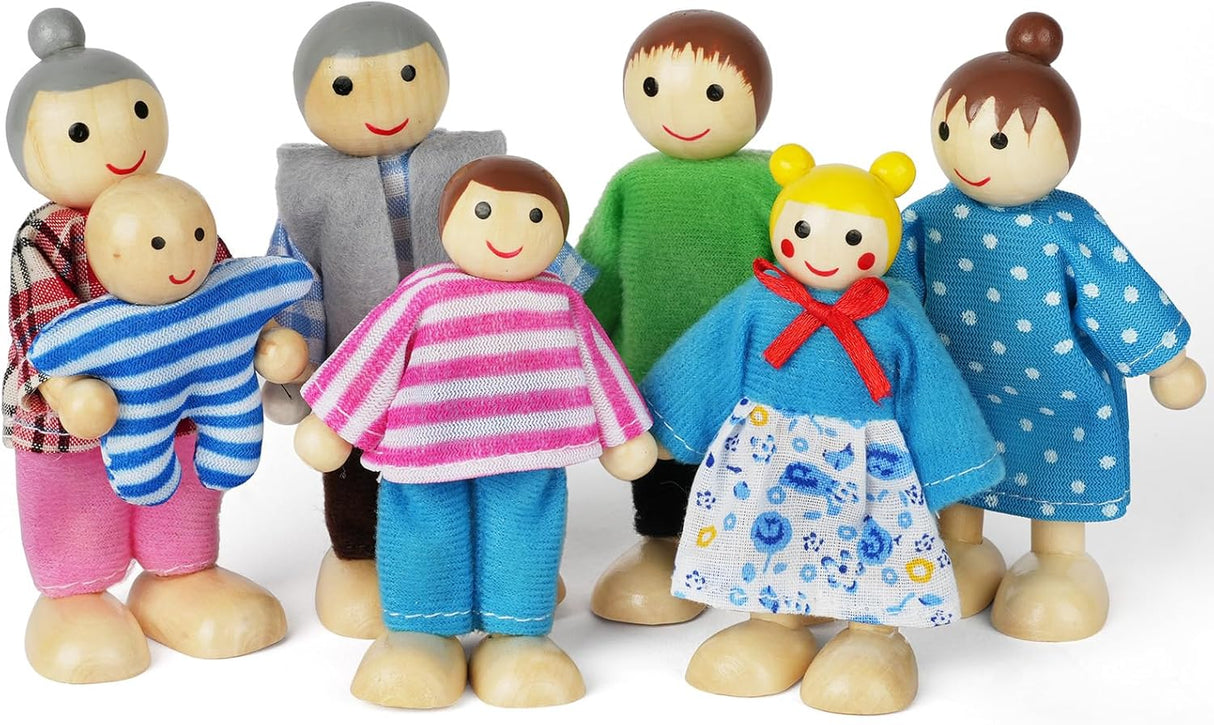 Aolso Wooden Dolls House Family Dolls Toys, Sets of 7 People Wooden Doll House Dolls with 4 Dogs, Lovely Happy Family Dolls Playset DollHouse Accessories, Dolls People Playset for Kids.