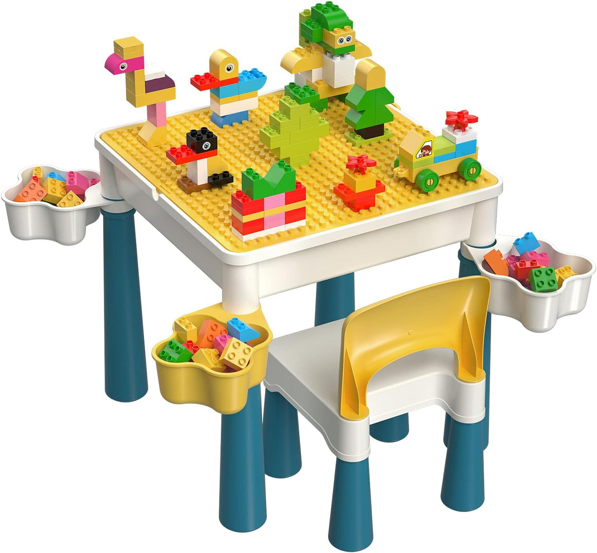 burgkidz Kids 5-in-1 Multi Activity Table Set - 128 Pieces Compatible Bricks Toy Includes 1 Chair and Large Building Block Table with Storage, Green Baseplate Board (Blue).