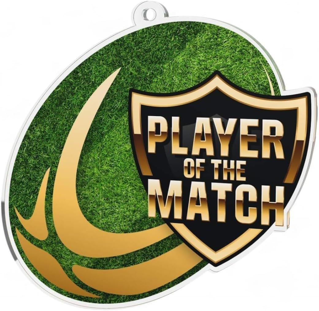 Trophy Monster Pack of 10x Rugby Player of the Match Medals Bulk Medal Pack Deal with FREE Clip-on Ribbons | Made from Printed Acrylic | Medal size 60mm.