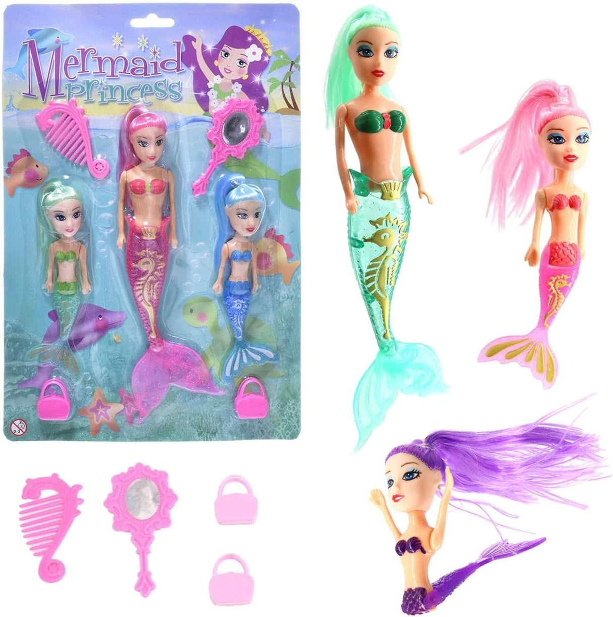 7 Piece Bath Time Toy Set - 3 Mermaid Princess Dolls with Bright Long Hair and Hair Brush & Mirror Accessories, Boys and Girls Ocean Themed Waterproof Toys, Ideal for Bath, Pool Pretend Fun Play.