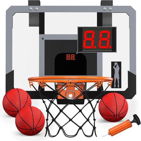 HYES Mini Basketball Hoop Indoor with Scoreboard, Basketball Hoop for Kids with 3 Balls, Pump, Door Basketball Toy Gifts for Kids Boys Girls Teens.