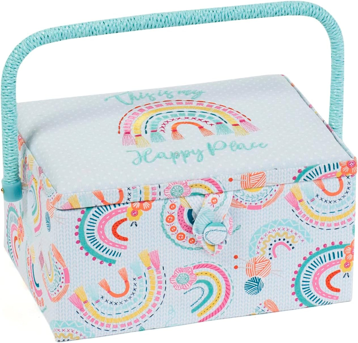 Hobby Gift Exclusive Medium Sewing Craft Hobby Storage Box, Accessories Tray Pin Cushion Pocket PVC Handle Embroidered Lid, Eucalyptus, 18.5 x 25.5 x 14.5cm.