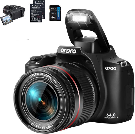 ORDRO G700 DSLR Camera 12X Optical Zoom 64MP Entry Level SLR Camera with 1/2.8-Inch Sensor, 4K Video, Built-in Wi-Fi Includes 64GB SD Card.