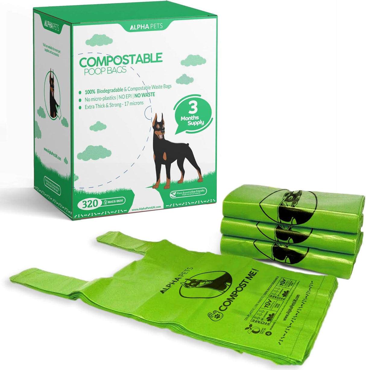 Alpha Pets Compostable Dog Poo Bags With Easy-Tie Handles - 320 Medium-Large Biodegradable Cornstarch Pet Waste Bags - 3 Month Supply With Dispenser Box.