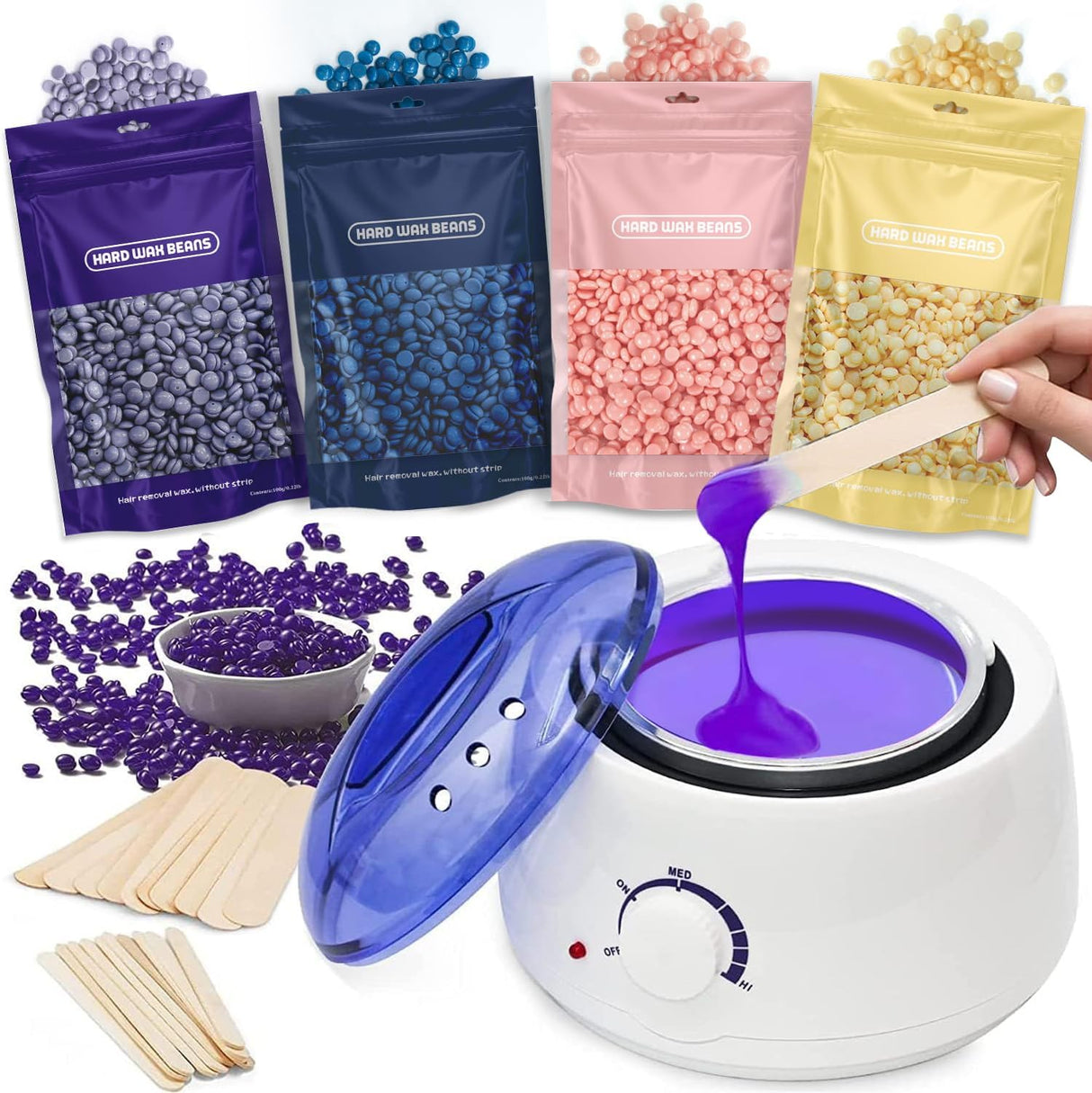 Waxing Kits Wax Warmer Full Kit, Wax Heater Kit with Wax Warmer, 4 * 100g Wax Beads and 30 Pcs Wax Spatulas, Painless at Home Wax Warme Hair Removal Kit Wax Kits.