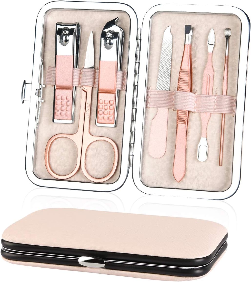 URAQT Professional Manicure Set, 7 pcs Portable Nail Clippers & Eyebrow Grooming Kit, Stainless Steel Nail Care Tools with Luxurious Leather Case for Travel & Home.