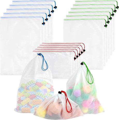 Rainmae 16 Pcs Mesh Small Toy Bags for Storage, 3 Sizes Reusable Mesh Drawstring Produce Bags Puzzle Bag for Storage Playroom Organization, Fruits, Vegetable,Grocery,Shopping.