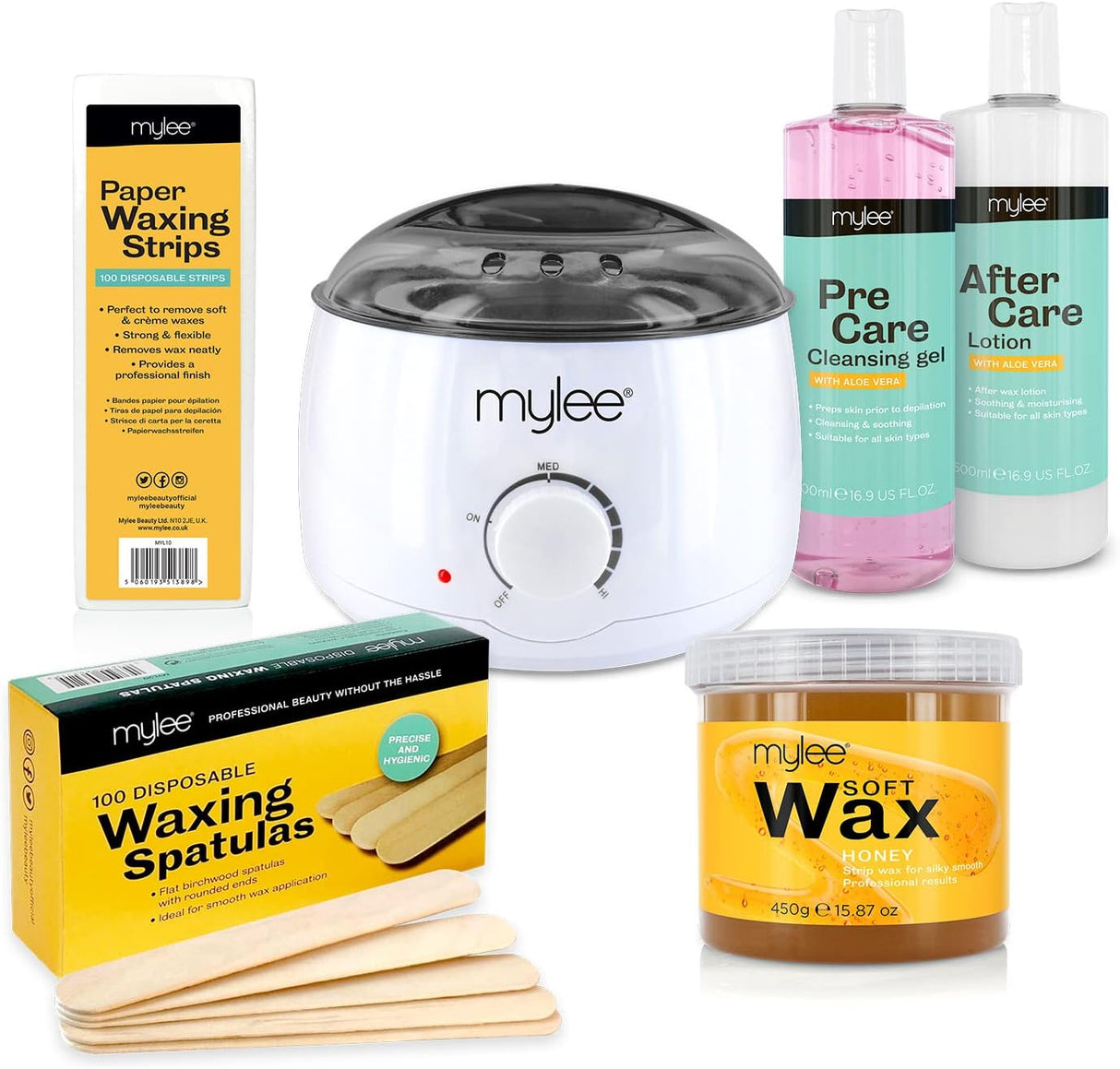 Mylee Complete Waxing Kit, Includes Salon Quality Wax Heater, Soft Cream Wax, Waxing Strips, Spatulas and Mylee Pre & After Care Lotion (Honey).