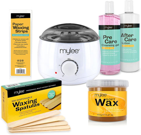 Mylee Complete Waxing Kit, Includes Salon Quality Wax Heater, Soft Cream Wax, Waxing Strips, Spatulas and Mylee Pre & After Care Lotion (Honey).