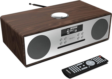 DAB+ Radio & CD Player | Compact Wooden Hi-Fi Music System | Bluetooth Digital Home Stereo | FM, 20 Presets, Dual Alarm, & Remote Control | AUX & USB Input | USB Charging | MAJORITY Oakington (Walnut)