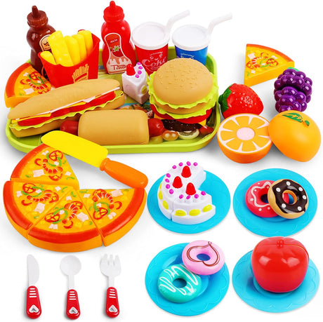 Hanmulee Pretend Play Food, 33PCS Cutting Toys with Pizza Hamburger Cake and Fruits Kitchen Play Set, Educational Role Play Toys for Kids Toddlers….