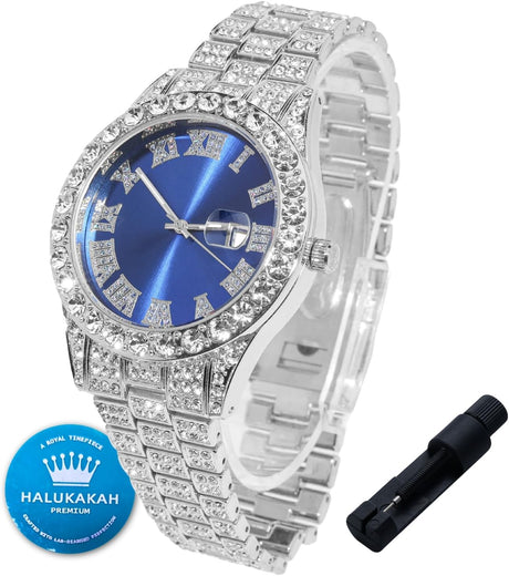 HALUKAKAH Diamonds Gold Watch Iced Out for Boy Teens Kids - 18K Real Gold/Platinum Plated,42mm Blue/Green/Red Dial,Japanese Quartz - 20cm Length,with Watch Adjuster Tool - for Birthday,Parties.