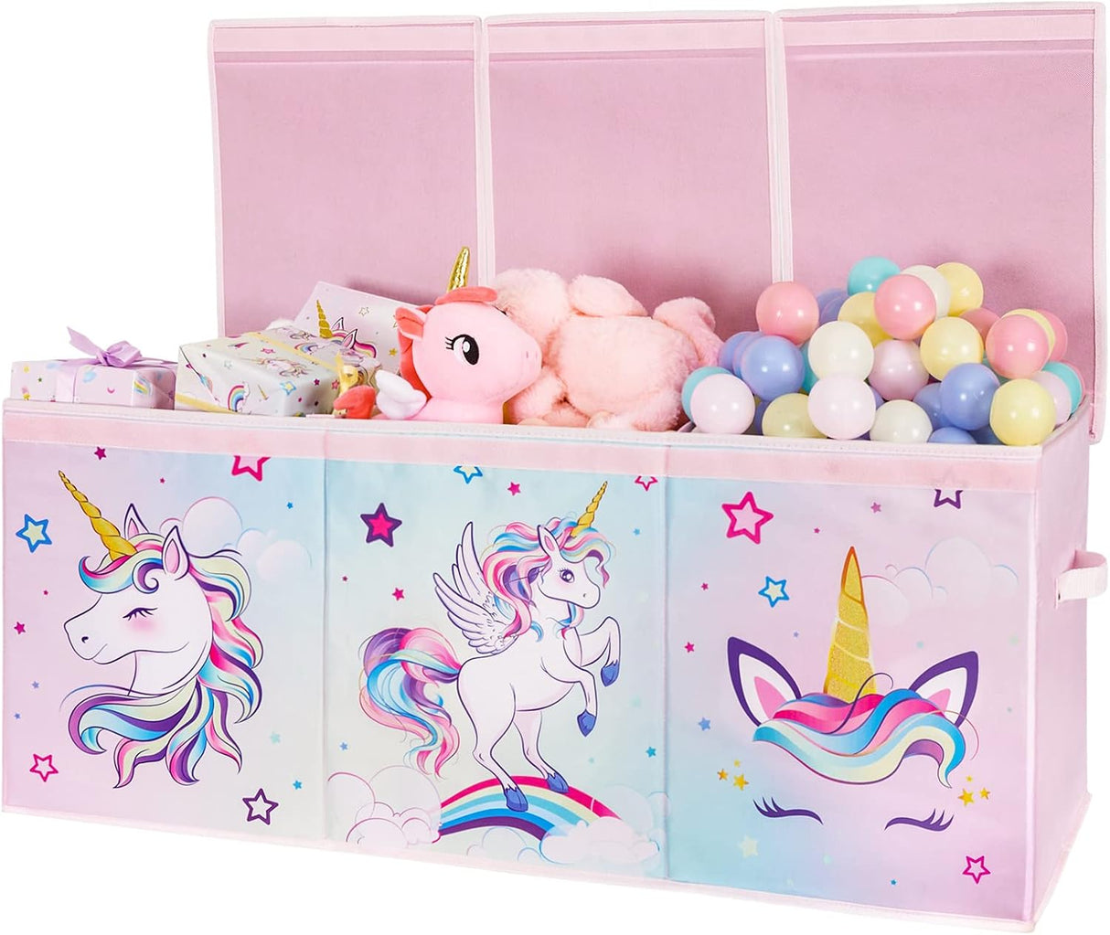 WERNNSAI Unicorn Toy Box - Large Toy Storage Organizer with Flip-Top Lid Collapsible Sturdy Pink Toy Chest with Handles 96 x 32 x 40 cm for Kids Girls Closet Nursery Living Room Bedroom Playroom.