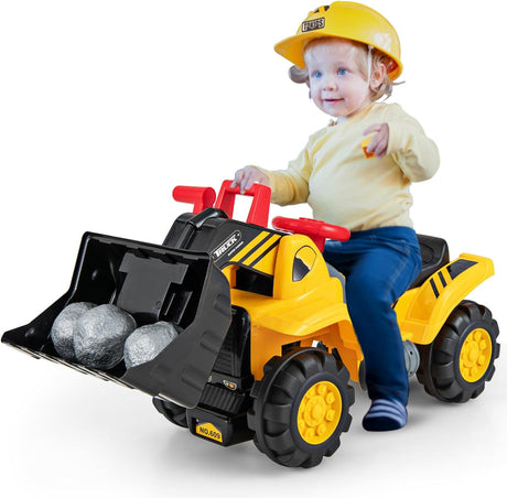 GYMAX Kids Ride on Bulldozer, Children Toy Excavator with Horn, Helmet, 3 Toy Stones and Underneath Storage, Pretend Play Construction Truck for Boys Girls.