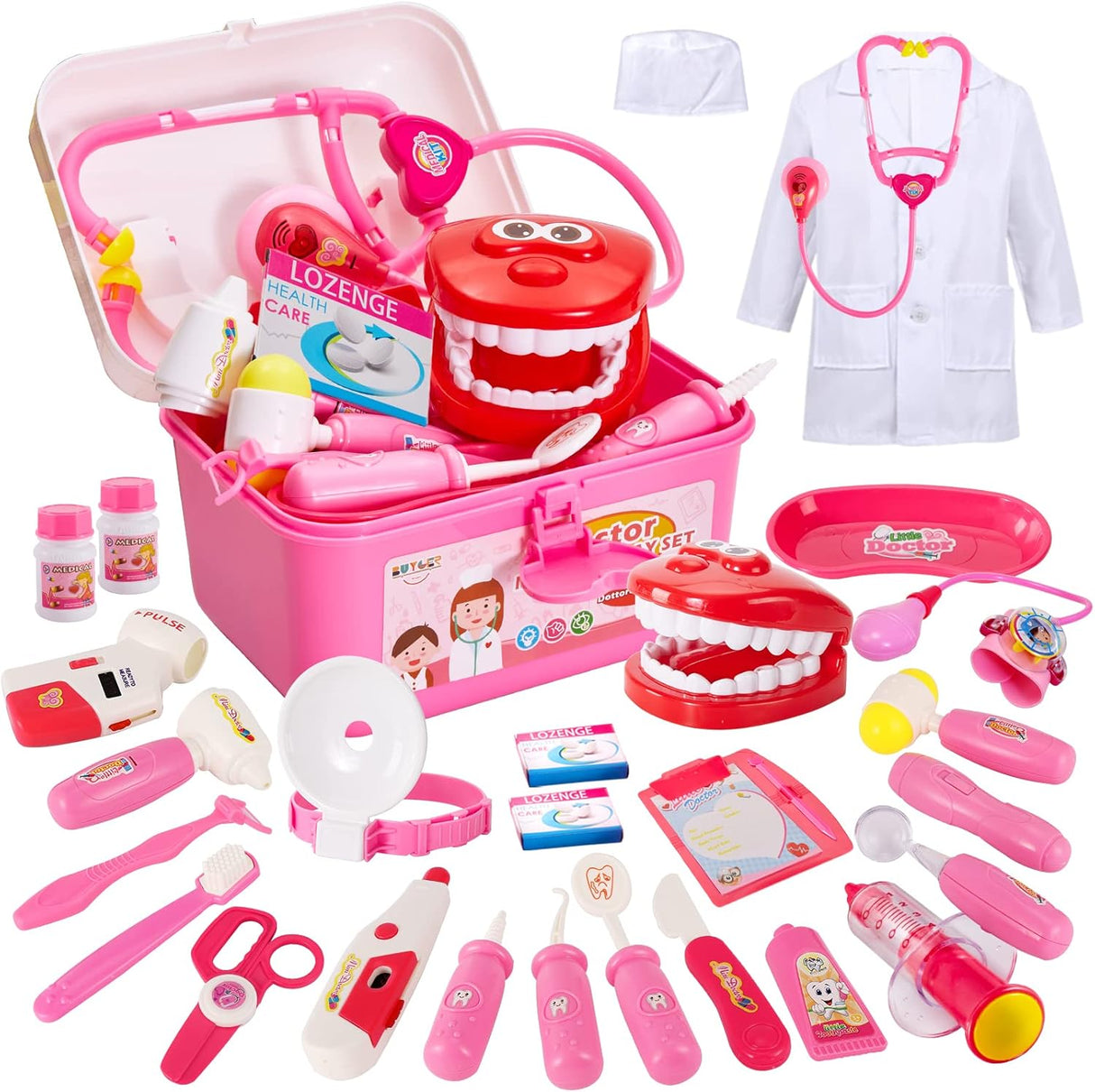 BUYGER Doctors Set for Kids 3 Years Old, 3 in 1 Children Doctor Nurse Dentist Kit with Dress Up Costumes Pretend Role Play Medical Carry Case Toys Gifts for Kids Boys Girls.