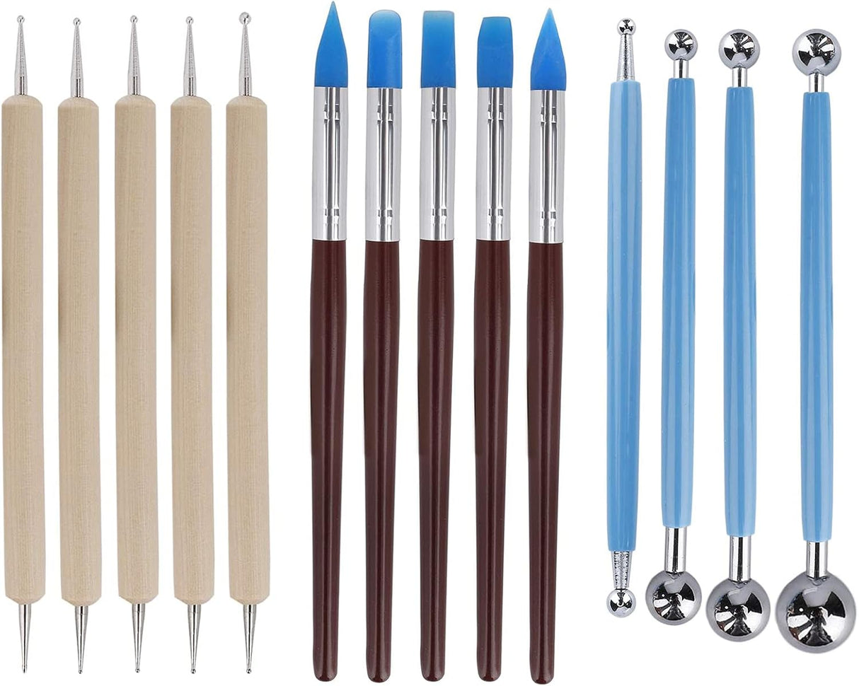 Polymer Clay Tool,14 PCS Clay Sculpting Tools 5 Wooden Dotting Tools+5 Rubber Clay Modelling Tools+4 Ball Stylus Tool for Pottery Sculpture Painting Carving Embossing Nail Art DIY Cake Decorating.