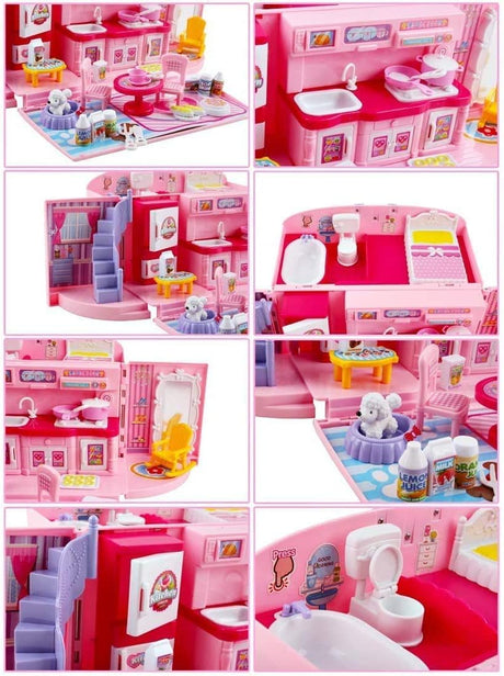 deAO Children’s 2-In-1 Pink Portable Doll House Play Set with Light and Music Functions, Accessories, Carry Case – Great Gift for Kids.