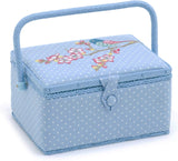 Hobby Gift Exclusive Medium Sewing Craft Hobby Storage Box, Accessories Tray Pin Cushion Pocket PVC Handle Embroidered Lid, Eucalyptus, 18.5 x 25.5 x 14.5cm.