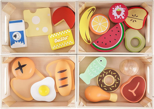 Food Groups - Wooden Play Food Sets, Pretend Play Kitchen Toys, Toy Food Accessories for Toddlers 1-3, Wood Play Fake Food for 1 2 3 Year Old Boys Girls Birthday Gift.