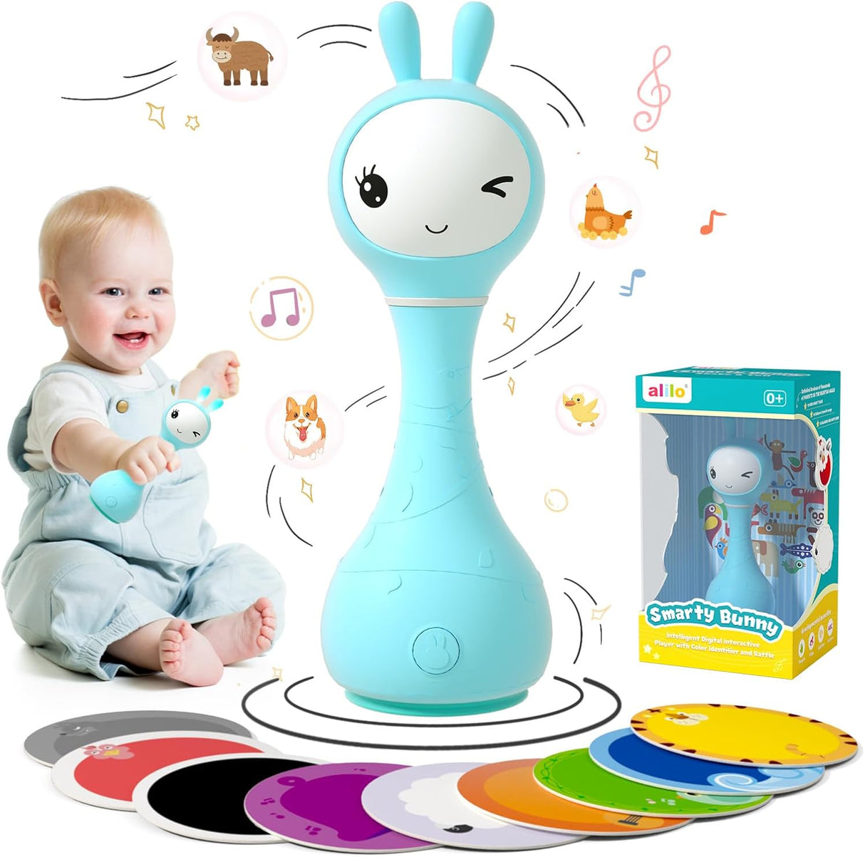 alilo Smarty Bunny Baby Rattle Musical Light Up Sensory Toys, Infants Newborns Baby Teething Toys 0-3-6-7-12 Months,1 Year Old boy/Girl Gifts 4 Music Modes and Color Recognition Function.