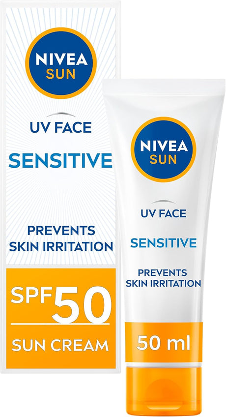 NIVEA Sun UV Face Sensitive SPF 50 Cream (50ml), Sunscreen Protects Against UVA/UVB Rays and Premature Skin Ageing, Sun Cream for Sensitive Facial Skin.