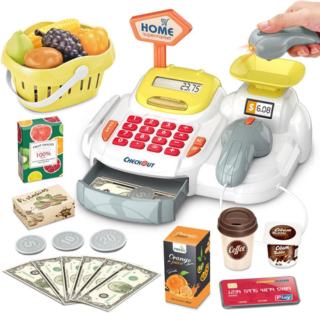 Sotodik 26PCS Smart Cash Register Pretend Play Supermarket Shop ToysWith Calculator ,Working Scanner,Credit Card ,Play Food ,Money and more (Yellow -White).