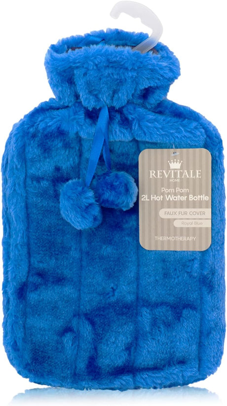 Revitale Luxury Cosy Faux Fur Pom Pom Hot Water Bottle - 2 Litre (Slate Grey).