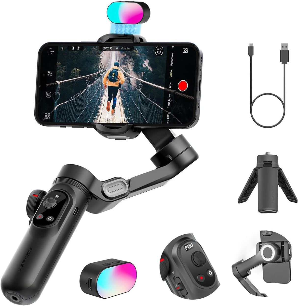 Professional Gimbal Stabilizer for Smartphone,RGB Magnetic Refill Light,OLED Display LED Light,face Tracking,Gesture Control,Professional 3-axis stabilizer for Android &iPhone, AOCHUAN XPRO KIT Black.