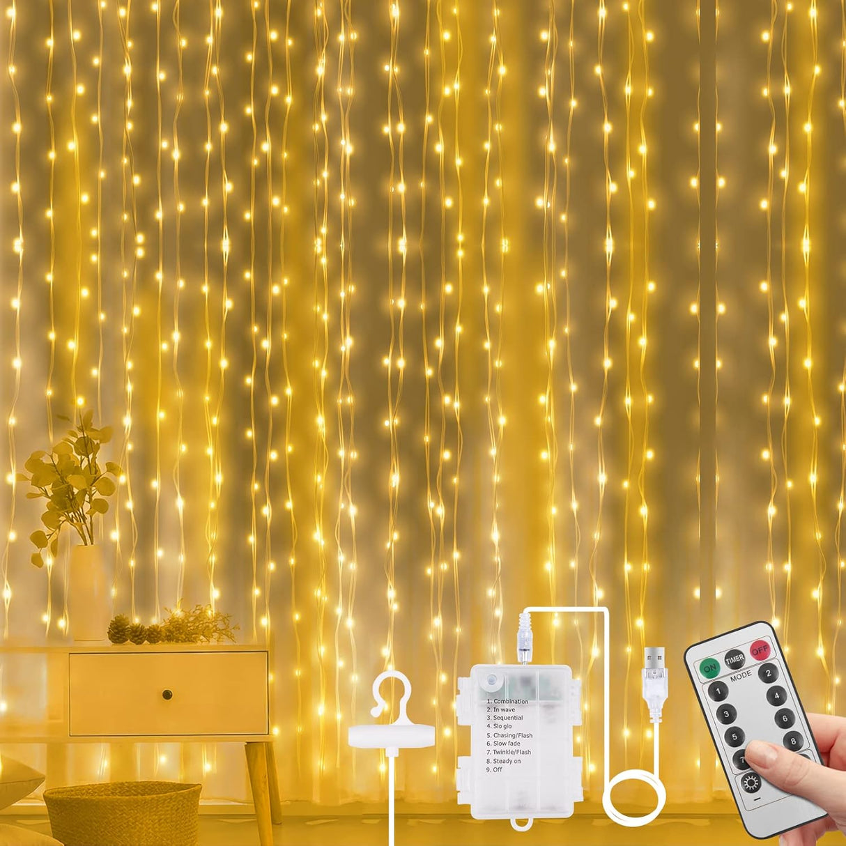 Vicloon Curtain Fairy Lights, LED Curtain Lights, Waterproof Window String Lights with Remote Control Timer for Outdoor Indoor Party Bedroom Decoration