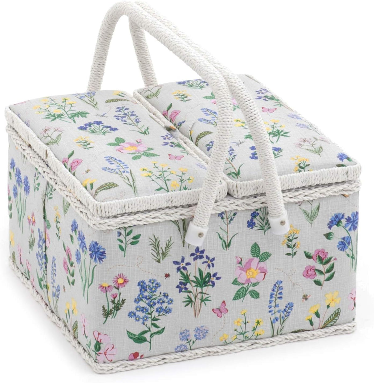 Hobby Gift Exclusive Large Twin Lid Sewing Craft Hobby Storage Box, Accessories Tray Pin Cushion Pockets PVC Handles, Eucalyptus, 25 x 25 x 17cm.