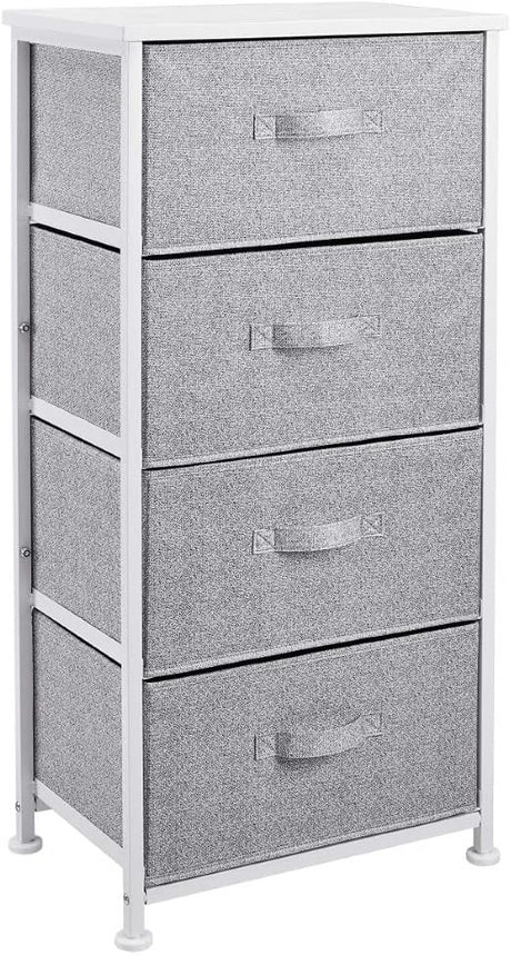 Amazon Basics Fabric 4-Drawer Storage Organiser Unit with Durable Steel Frame and Removable Drawers, White