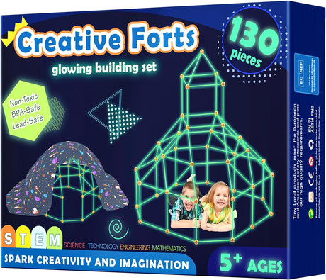 130 Pcs Fort Building Kit for Kids - Glow in the Dark, Kids Construction Toys for Age 5-10, DIY Den Building Kit for Boys & Girls, STEM Building Toys - Creative Fort, Play Tent Outdoor.