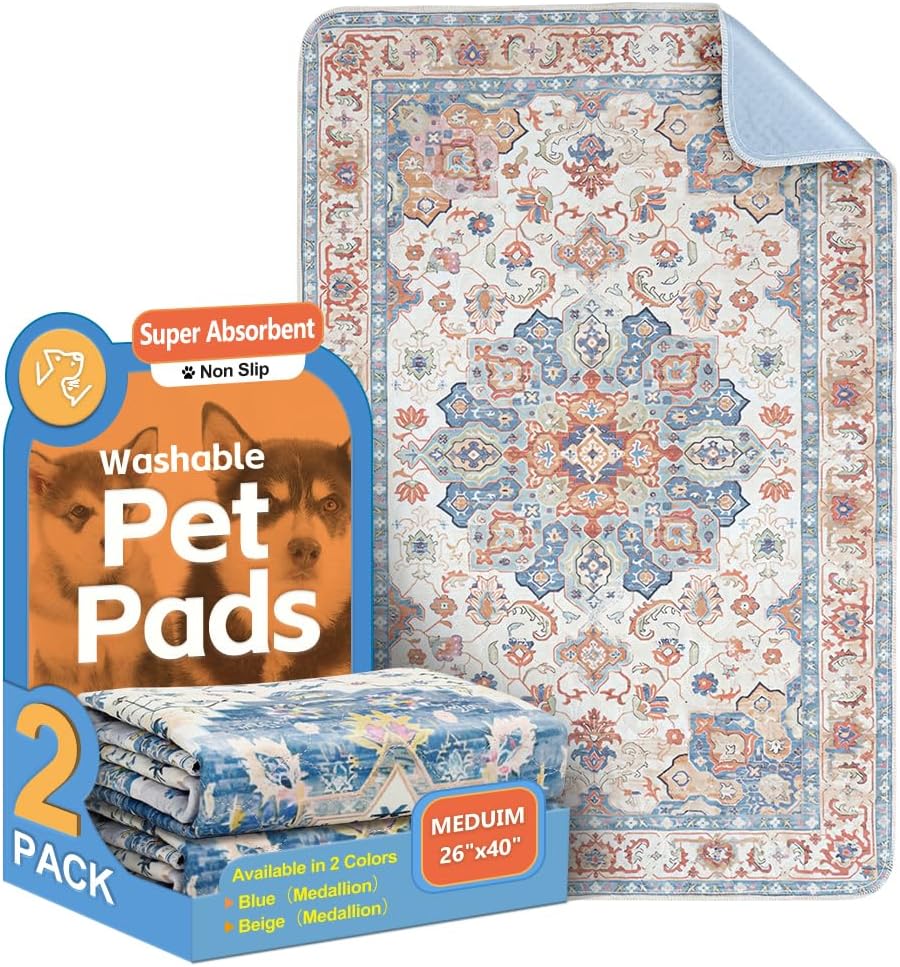 Washable Pee Pads for Dogs, 2 Pack Reusable Puppy Training Pads 102x67cm Super Absorbent Waterproof Dog Training Pads, Non-Slip Potty Pads for Floor, Crate, Whelping Pads Litter Mat Pet Supplies