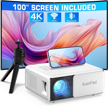 [Electric Keystone 6D/4P] XuanPad 2024 Upgraded 5G WiFi Bluetooth Projector, 700 ANSI 4K Supported Outdoor Projector with 100" Screen and Tripod, Max 400” Display for iOS/Android/HDMI/USB/TV Box.