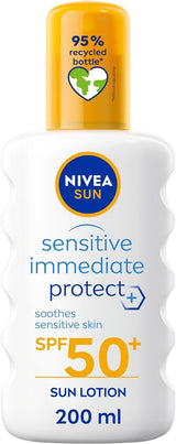 NIVEA SUN Protect and Sensitive Sun Spray (200 ml), Sunscreen with SPF50, Suncream for Sensitive Skin with Aloe Vera, Immediately Protects Against Sun Exposure.