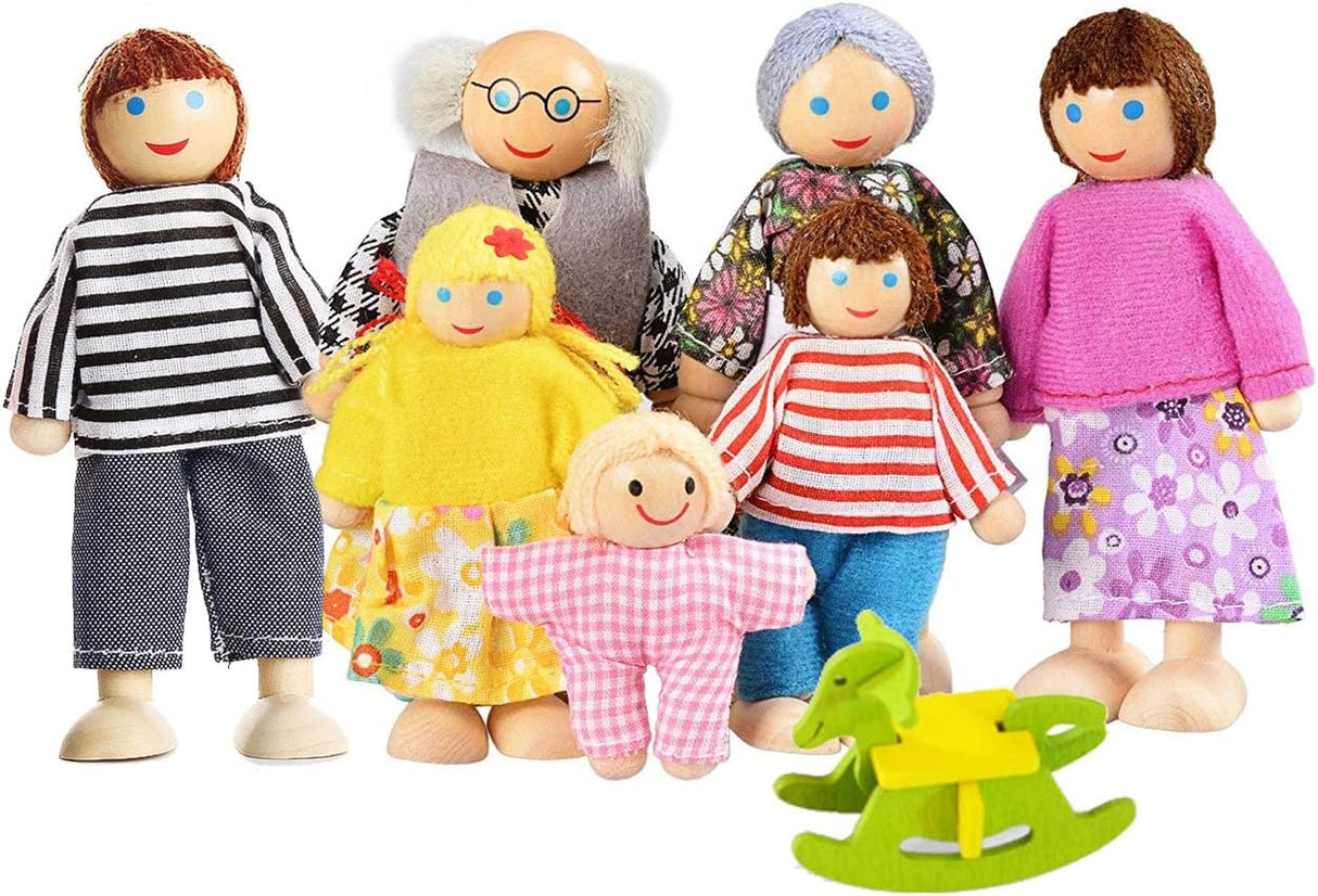 Lovely Happy Family Dolls Playset Wooden Figures Set of 7 People for Kids Children Toddlers – Dollhouse Pretend Gift.