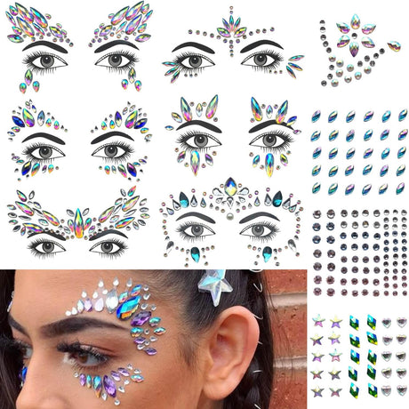 GLARYYEARS Face Gems Rave, 10-Pack Noctilucent Face Jewels Rave Temporary Tattoo Stickers, Jewelry Rhinestones Diamonds Crystals, Accessories for Festival Holiday Costumes & Makeup for Halloween.