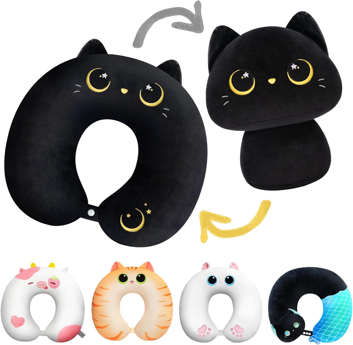 Mewaii Kids Travel Pillow, Cute Cat Stuffed Animal Plush, Cartoon Neck Pillow for Kids & Adults, Reversible Plush Squishy 2-in-1 Plush Toys for Airplane, Car, Train (13 Inches).