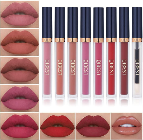 7Pcs Matte Liquid Lipstick + 1Pcs Lip Plumper Set Kit, Long Lasting Waterproof Velvet Lip Gloss Set, Pigmented Lip Makeup Gift Sets for Girls and Women.