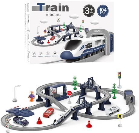 XIAPIA Railway Learning Educational Toys, Train Sets for Kids Boys Girls Age 3 Years Up, 66 Pcs Electric Track Accessories Car Set Christmas Xmas New Year Gifts (blue police).